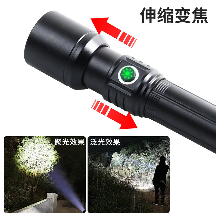 Cross-border telescopic white laser chip flashlight LED aluminum alloy strong light power display USB direct charging outdoor flashlight