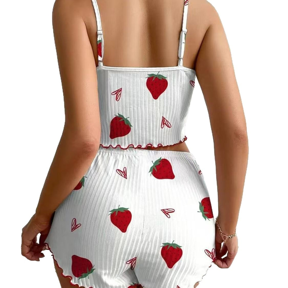 Hot-selling new european and american ribbed knit pajama set - trendy design, cross-border export, printed sweet cami and shorts