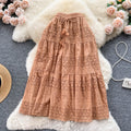 Elegant hollow-out lace embroidered crochet midi skirt - women's tie-waist high-waisted slimming sweet versatile vacation style fairy skirt