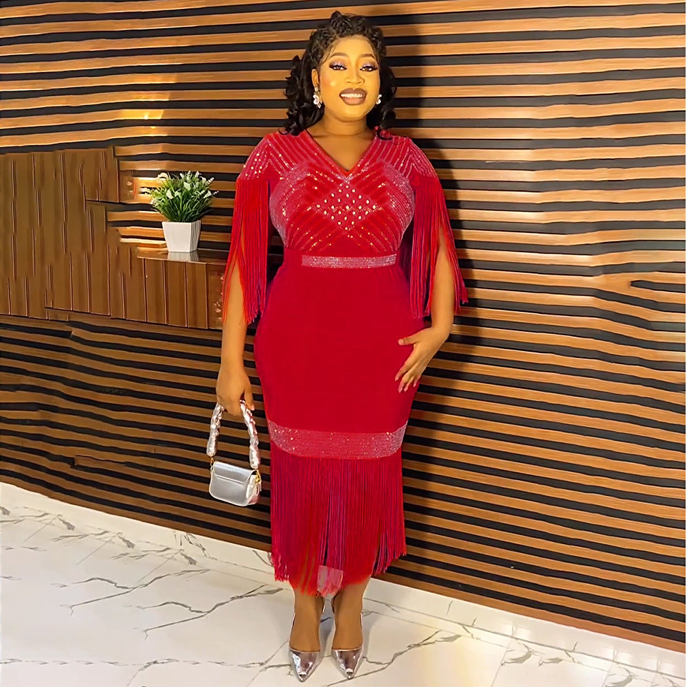 new european and american plus size women's clothing for cross-border e-commerce: african-style rhinestone and tassel dress for  and