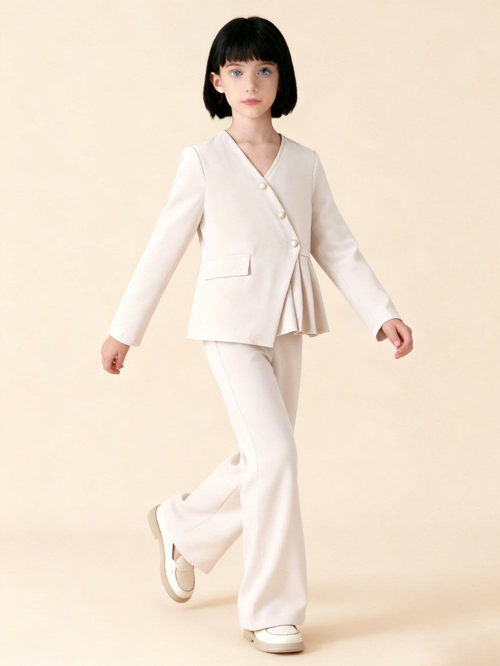 girls' two-piece set: off-white, asymmetrical, wrap-front jacket and trousers, autumn pantsuit for kids
