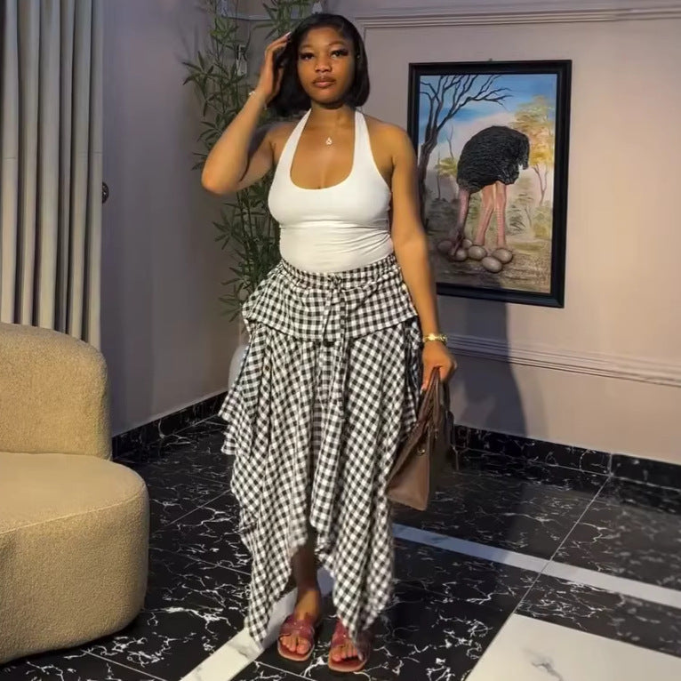 European and american cross-border women's fashion:  summer new arrival - high-waisted, slimming, tie-up, plaid, petite-friendly, asymmetrical midi skirt