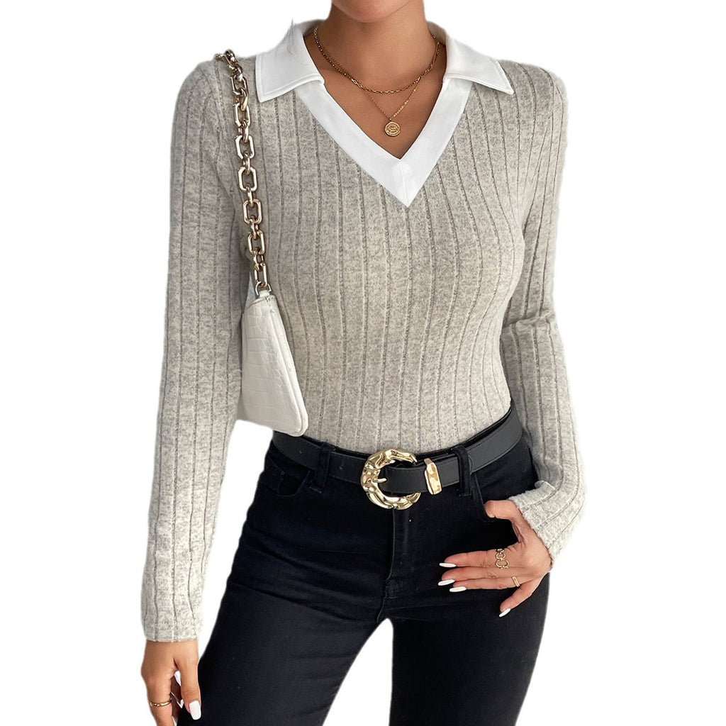 Europe and the United States , new autumn women's clothing pullover long-sleeved knitted top v-neck simple knitted bottoming shirt