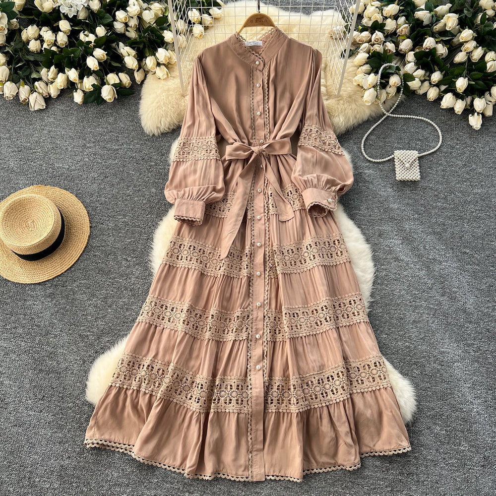 Frenchretrolacepatchwork lantern long sleevesdress women's tie back waist single breasted large swing palace style long skirt