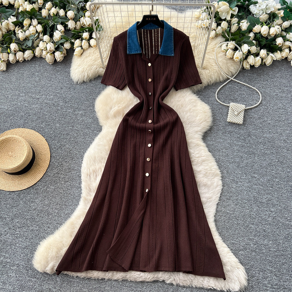 Frenchretrocontrast color lapel short sleeve metal button silmknittingdress women's spring waist slimming lookelegant skirt