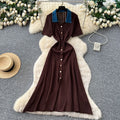 Frenchretrocontrast color lapel short sleeve metal button silmknittingdress women's spring waist slimming lookelegant skirt