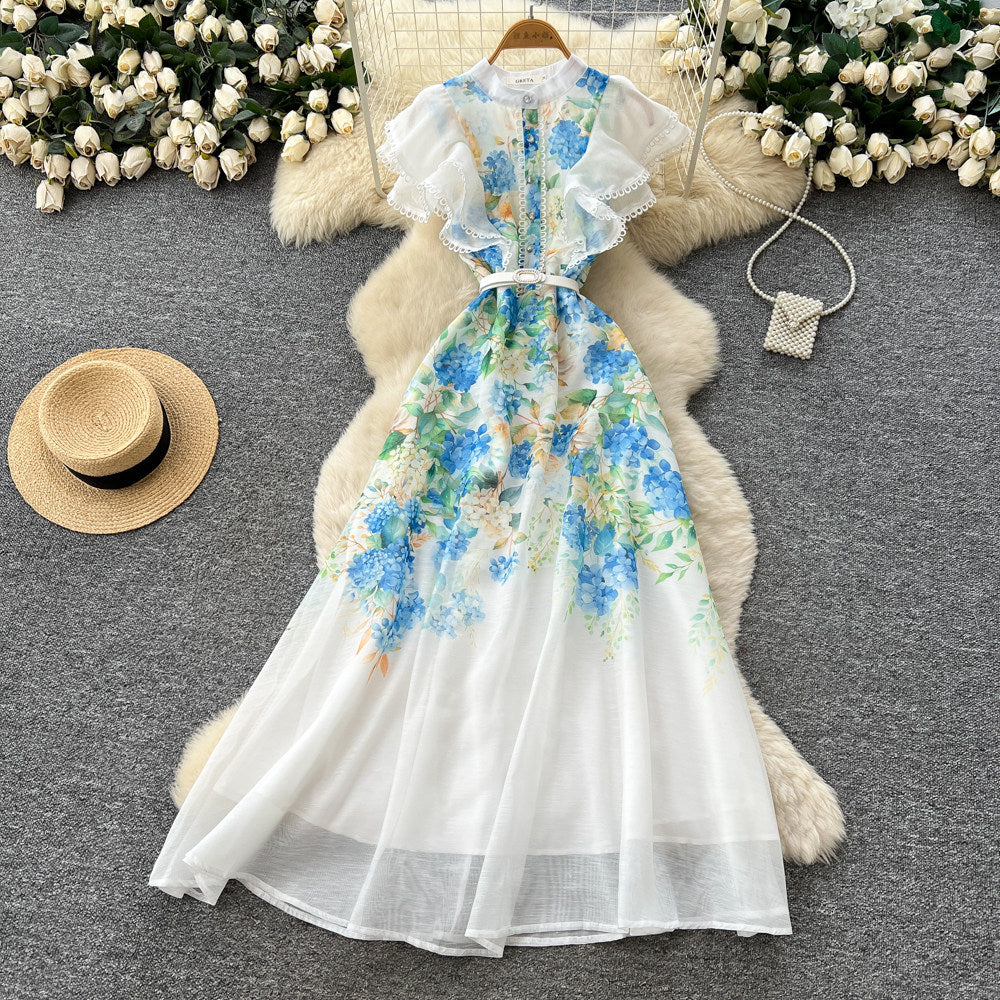 Vacation style v necktie back waist printingdress women's summer new arrivalruffle sleeves slimming lookelegantwork clothing long skirt