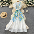 Vacation style v necktie back waist printingdress women's summer new arrivalruffle sleeves slimming lookelegantwork clothing long skirt
