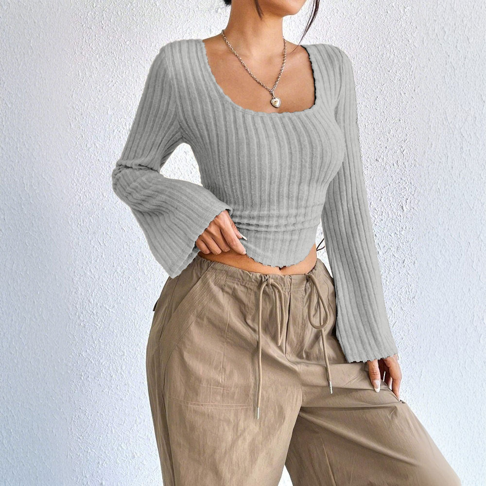 European and american cross-border  spring/summer new arrivals:  women's fashionable and elegant square neck flared long sleeve t-shirt top