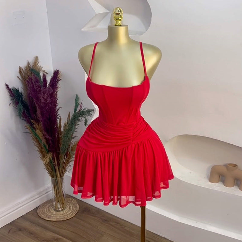 European and american cross-border women's fashion  summer new arrival: elegant ruched high-waisted asymmetrical short red slip dress