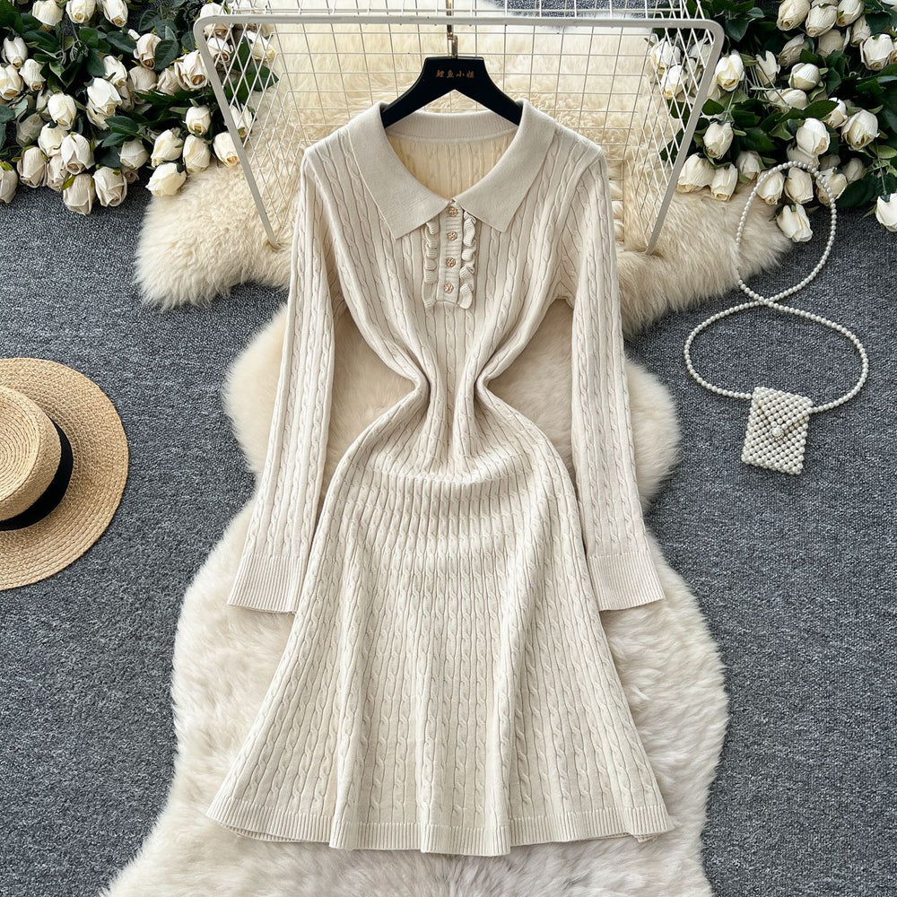 Celebrity niche styleclassy sense lapel fungus edgepatchworklong sleevesknittingdress women's autumn waist slimming looksweater skirt