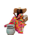 European and american cross-border women's fashion:  early spring puffy short-sleeve color block print, cinched waist, pleated, long, flared maxi dress