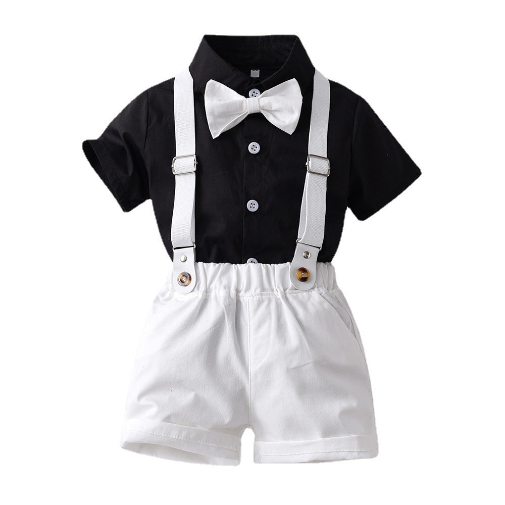 Boys' summer black short-sleeve shirt and overalls set - stylish two-piece outfit for toddlers and young children - trendy street style