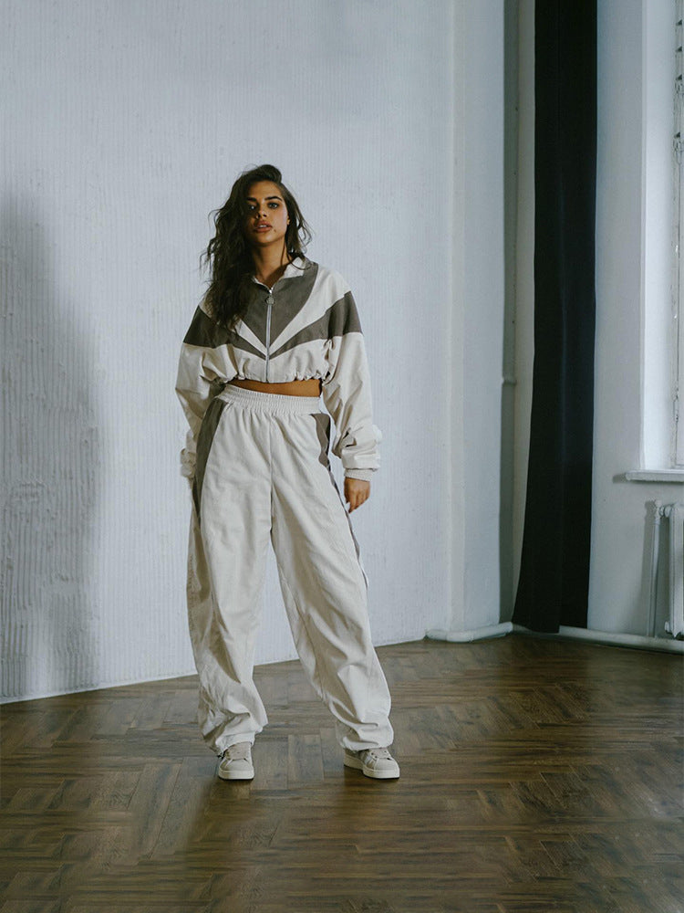 European and American loose casual women's clothing fashion contrasting colors long-sleeved sports cardigan trousers two-piece set women's trousers set women