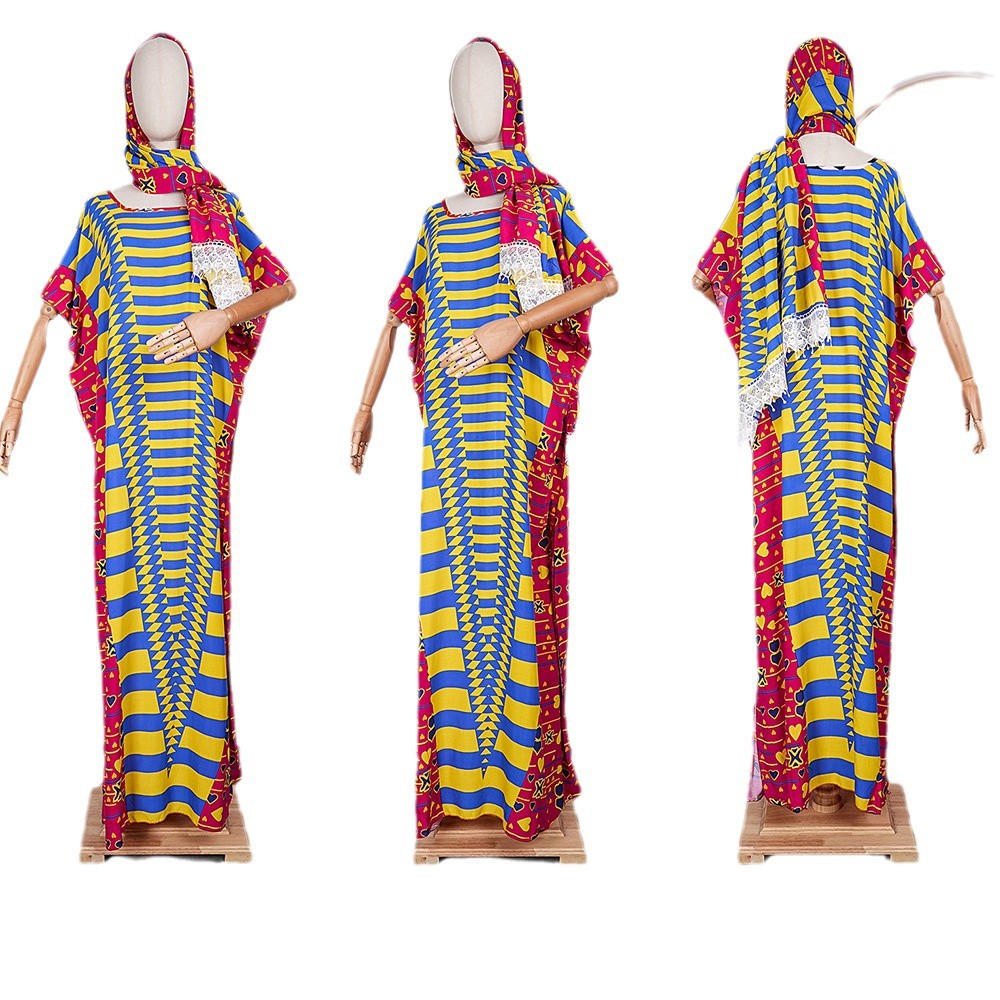 supply  contrast color chiffon dress with headscarf african plus size women's robe