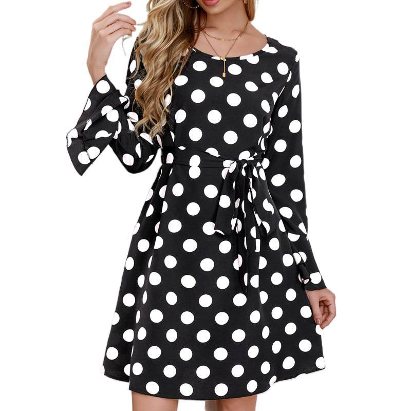 cross-border code new arrival  women's original elegant round neck color block polka dot long sleeve dress