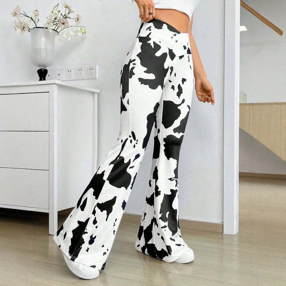 In stock-53357#  cross-border fashion and versatile women's cow print v-waist elastic flared pants