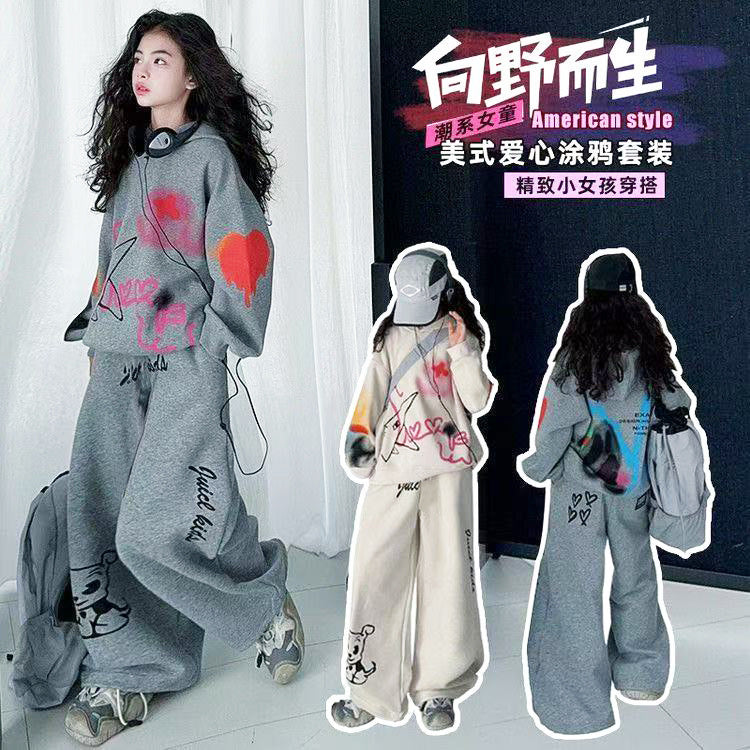 Girls'  new autumn outfit: designer set for mid-to-large children - wide-leg pants, stylish and loose-fitting two-piece set for girls