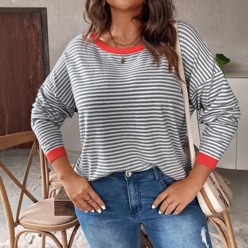 european and american cross-border autumn women's striped t-shirt plus size top casual sweater