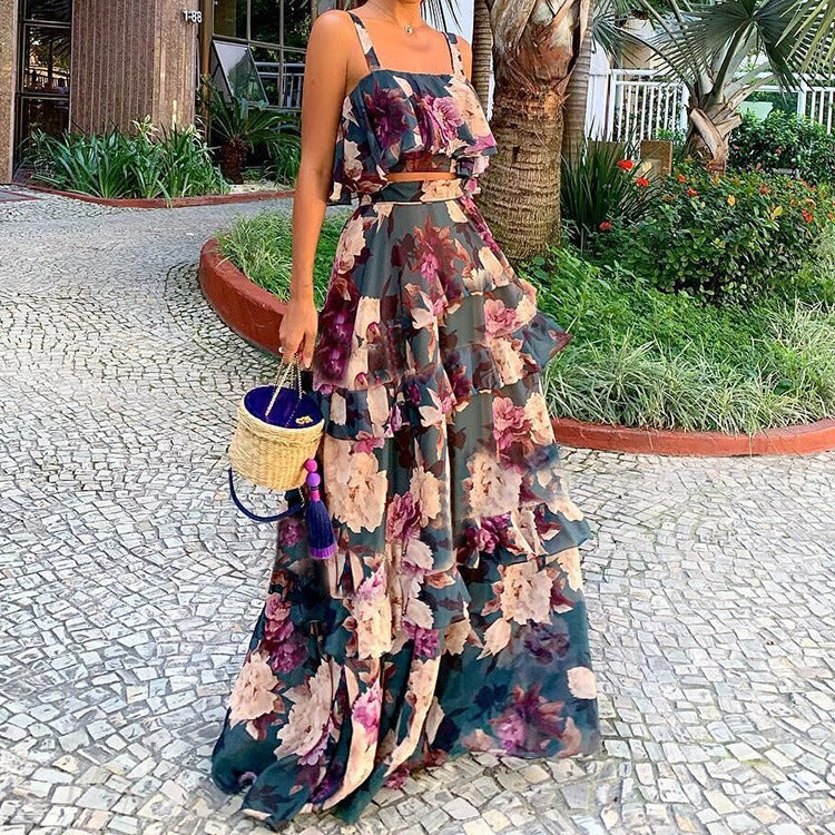 cross-border e-commerce women's fashion: european and american summer new arrivals - vacation-ready printed cami top and tiered maxi skirt set
