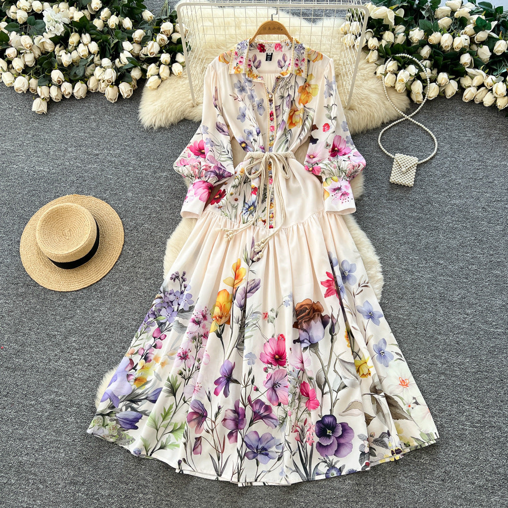 French retroelegancefashionprintingdress women's autumn clothes palace style straps waist single breasted large swing long skirt