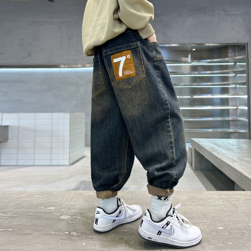 Boys' fleece-lined jeans: new spring/autumn collection - stylish kids' pants, dad jeans for older boys, versatile trousers for mid-to-large children