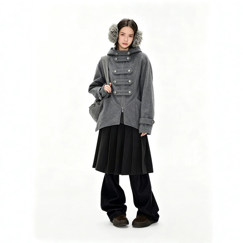 cross-border fashion napoleon woolen hooded outwearretrocasualasymmetrical hem medium longtops