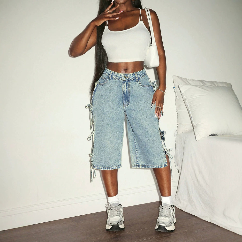 Fashionjeans women's side multi-straps cut out washed light blue loosestraight-leg denim cropped pants hot girl