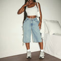Fashionjeans women's side multi-straps cut out washed light blue loosestraight-leg denim cropped pants hot girl