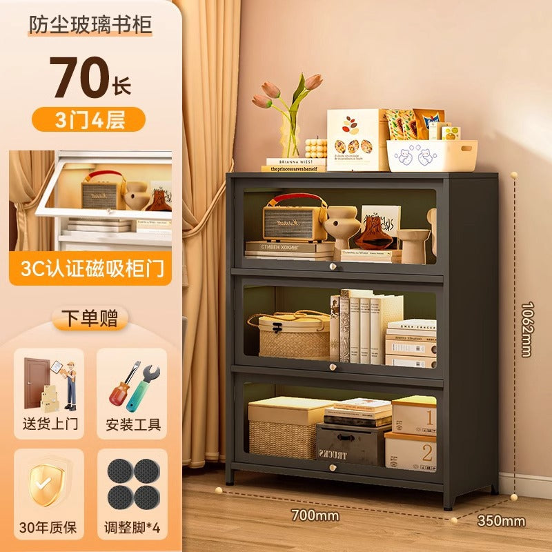 Steel bookcase with glass doors, kids' bookshelf, home living room storage cabinet, dustproof display cabinet, iron art shelf