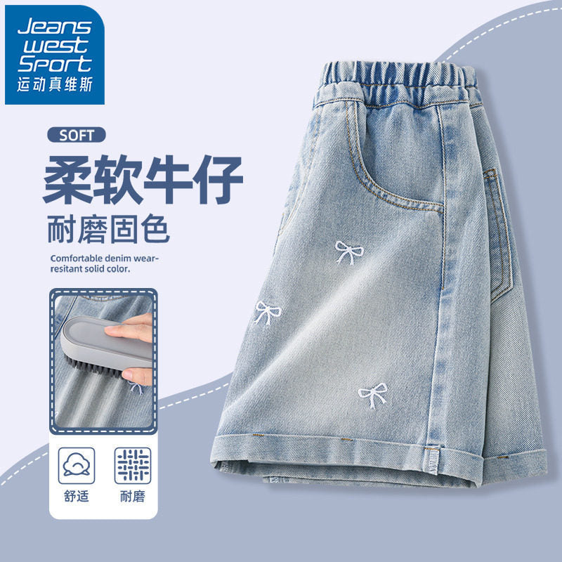 Girls' summer lightweight denim shorts - new  styles for girls, embroidered outerwear shorts for mid-to-large children