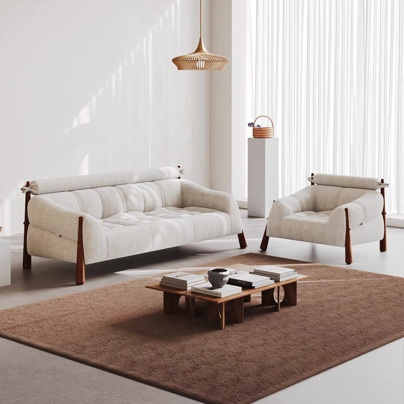 Vintage cream solid wood designer creative small apartment white retro ash wood three-seater fabric sofa