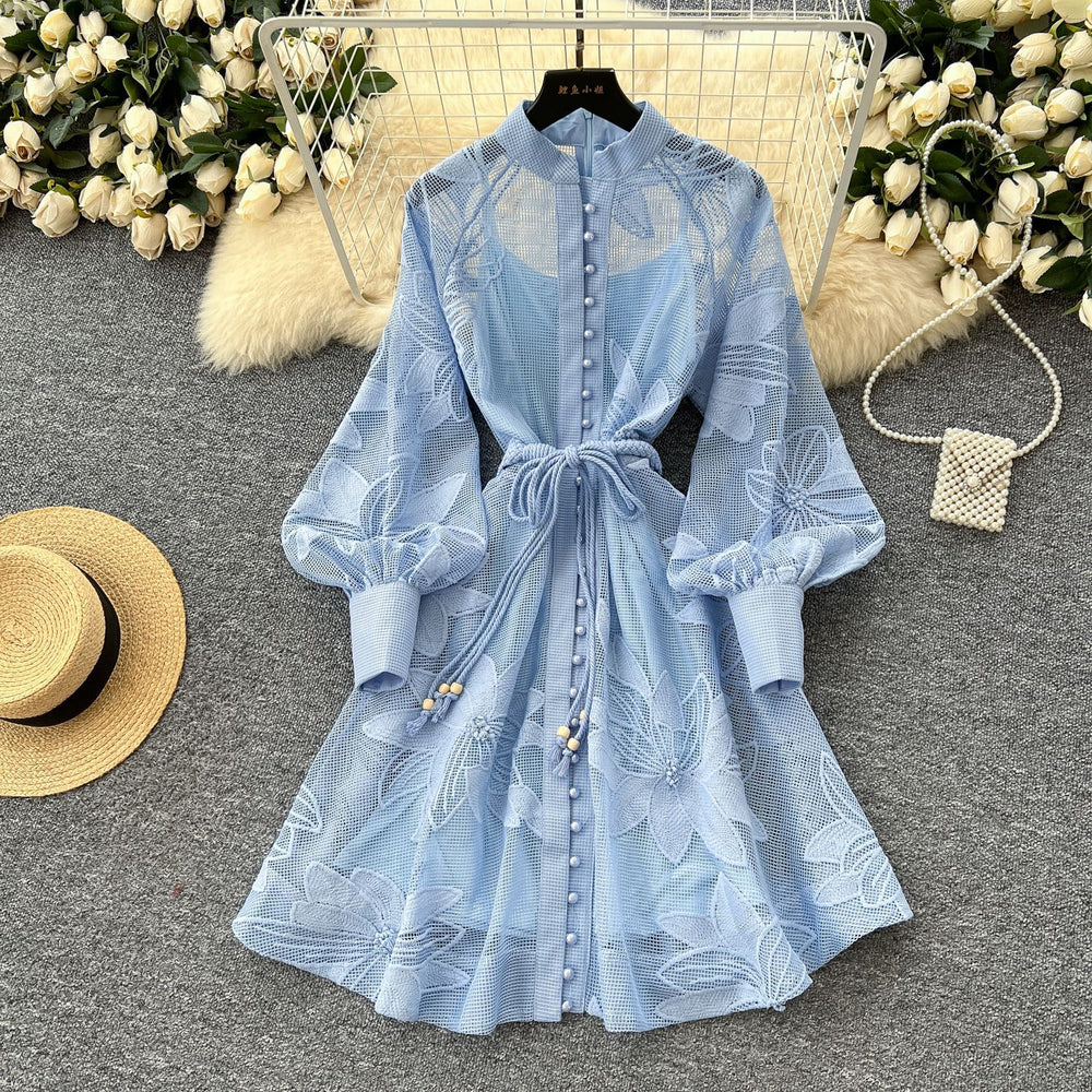 French high-end elegant women's dress - court style tie-waist, hollow-out embroidery, single-breasted a-line skirt