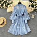 French high-end elegant women's dress - court style tie-waist, hollow-out embroidery, single-breasted a-line skirt