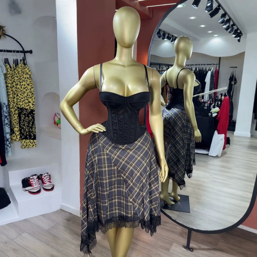 European and american cross-border women's fashion  summer new sexy and elegant fishbone camisole top with plaid midi skirt set