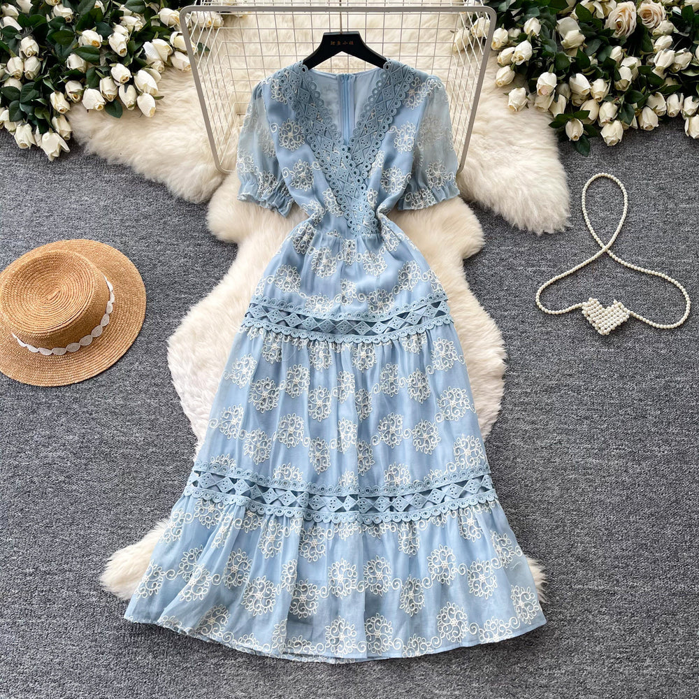 French romantic pink v-neck lace dress - women's summer korean style short sleeve slimming a-line cake dress