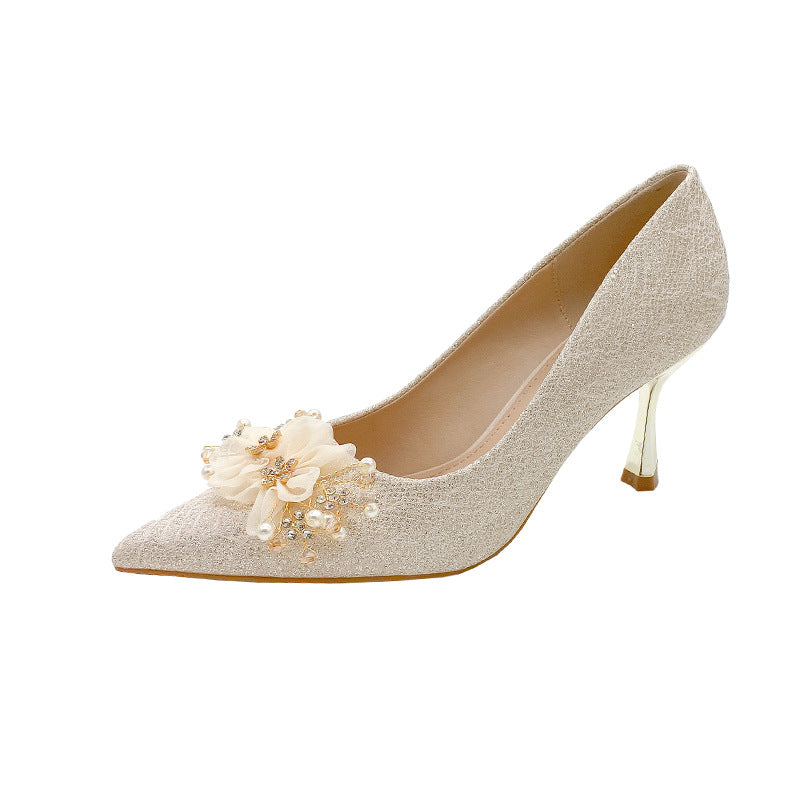 Champagne floral wedding shoes women's stiletto heel 2025 new crystal high heels banquet bridal shoes