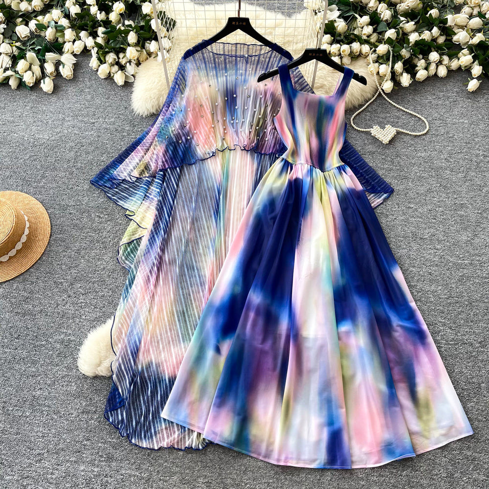 French riviera style printed dress - women's three-quarter sleeve, slim-fit, two-piece summer set with beaded detailing - elegant & professional