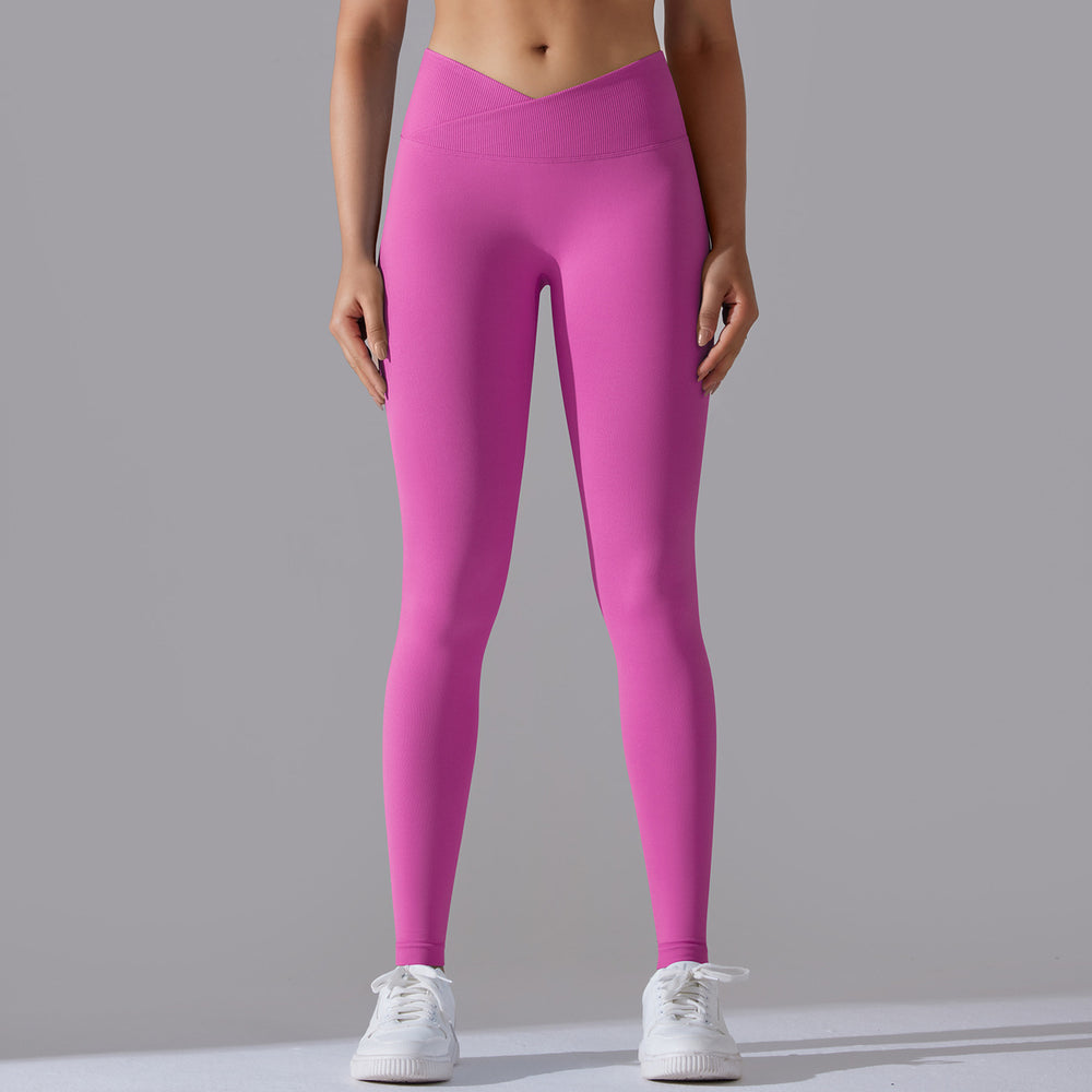 fashion seamless knitting breathable pure color cross waist peach hip yoga pants running fitness nine-point pants women