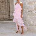 european and american export women's clothing summer new fashion vacation halter neck solid color ruffle trim maxi dress