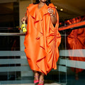 African plus size new loose ruffle batwing sleeve dress - pleated waist, flowy solid color maxi dress