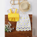 Girls' summer  new collection: pure cotton square neck candy-colored chic short-sleeve sunflower print bodycon skirt two-piece set