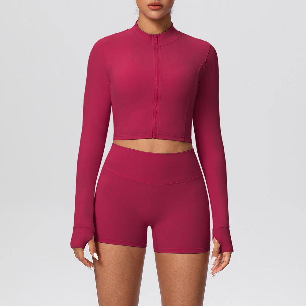 High-waisted, butt-lifting, form-fitting athletic shorts with a zip-up outer layer – a barely-there, casual running and fitness outfit set, perfect for yoga