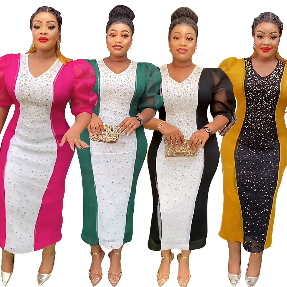 heavy industry hotfix rhinestone color block patchwork dress - african plus size women's elegant commute dress