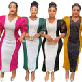 heavy industry hotfix rhinestone color block patchwork dress - african plus size women's elegant commute dress