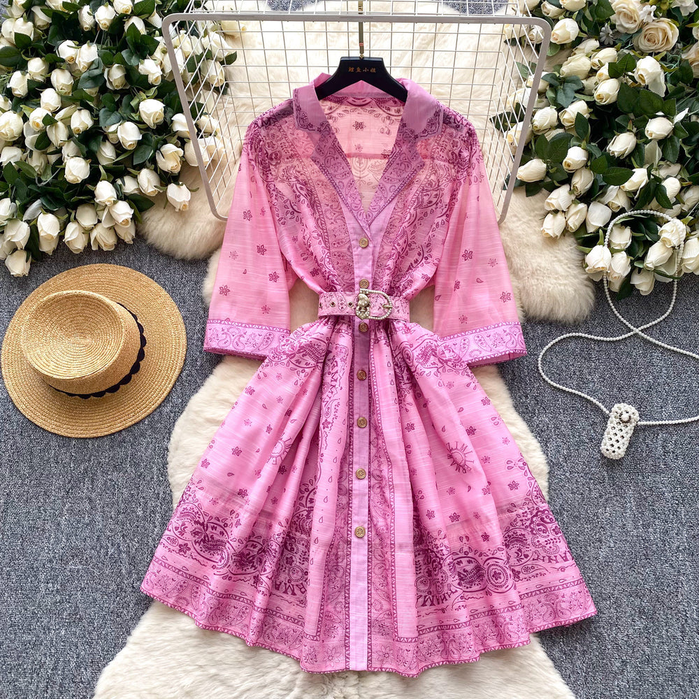 Frenchretrofashionable suit collar half length sleeves strap waist printingdress women's summer slimming look single-breasted short skirt