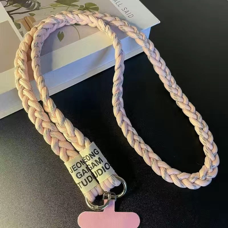 Three-strand braided thickened ponytail long crossbody rope can be carried by men and women outdoor handmade strong cable stitch mobile phone lanyard