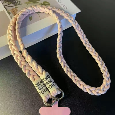 Three-strand braided thickened ponytail long crossbody rope can be carried by men and women outdoor handmade strong cable stitch mobile phone lanyard