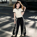 Girls' summer short-sleeve outfit:  spring/summer new collection - kids' letter print two-piece set with striped bow wide-leg pants