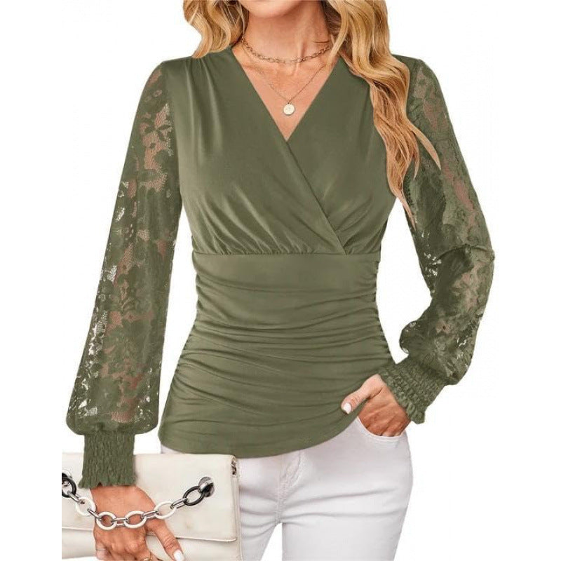 Amazon casualelegancelace pleated shirt women's  spring new arrivalelegantfashionlong sleevestops